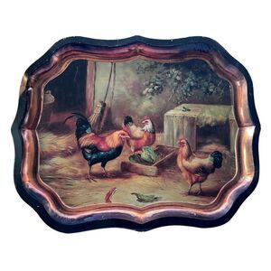 Vintage Toleware Keller Charles Tray Roosters Chickens Farmhouse England Green